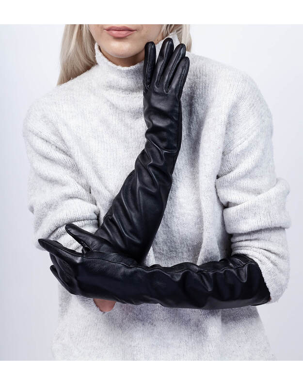 Moteriškos ilgos juodos natūralios ožkos odos pirštinės su pašiltinimu MI01